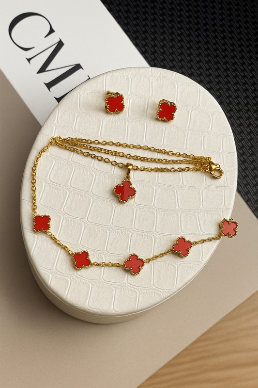 Combo Trébol Rojo Aretes + Cadena + Tobillera